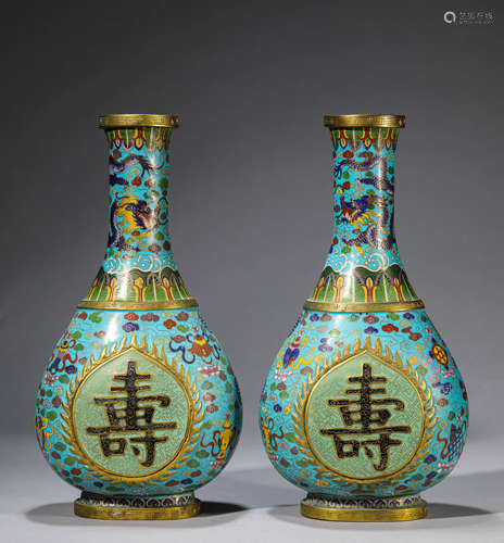 A Pair of Cloisonne Enamel Longevity Vases