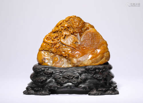 A Yellow Stone Phoenix and Dragon Carving