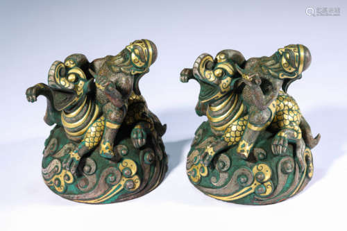 A Pair of Bronze and Silver Inlaid Elephants