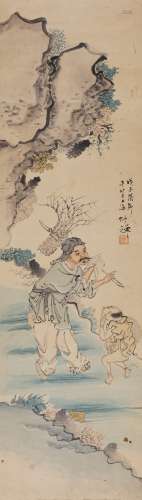 竹禅(1824-1901) 樵夫山行  设色纸本  立轴