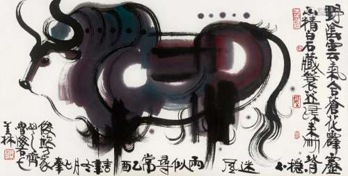 韩美林(b.1936) 牛 2005年作 设色纸本  镜心