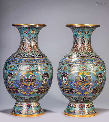 A Set of Cloisonne Enamel Taotie Mask Vases