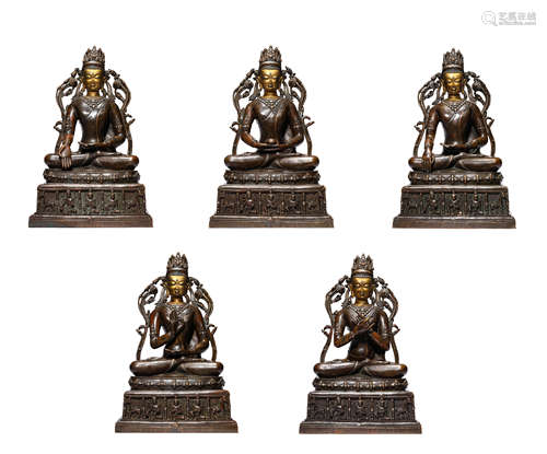 A Tibetan Style Palad Dynasty Bronze Five Dhyani Buddhas Sta...