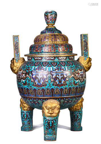 A Cloisonne Enamel Taotie Mask Censer