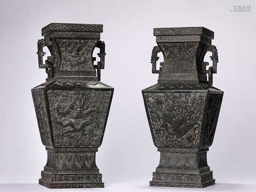 A Pair of Bronze Dragon and Phoenix Rectangle Vases