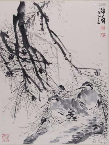 卢坤峰(1934-2018) 双禽图  水墨纸本 立轴
