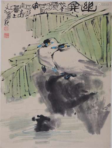 江文湛(b.1940) 幽禽图  设色纸本 立轴