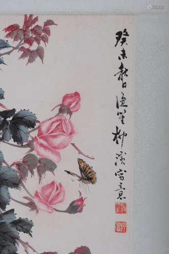 柳滨(1887-1945) 蝶雀月季 1943年作 设色纸本 立轴