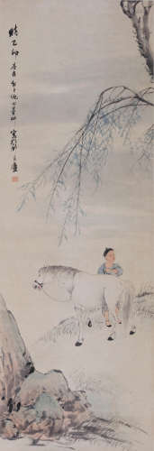 倪墨耕(1855-1919) 牧马图 1915年作 设色纸本 立轴