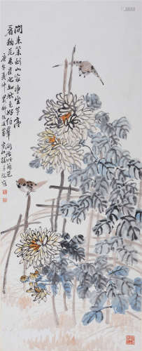 孙基瑞((1866-?) 篱菊麻雀 1930年作 设色纸本 立轴