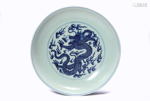 A Porcelain Blue and White Dragon Dish