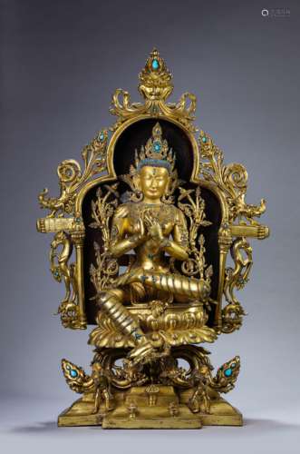 A Gilt-Bronze Green Tara Statue