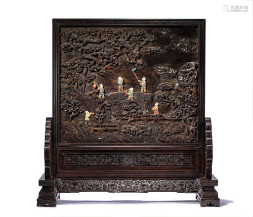 A Zitan and Jade Inlaid Table Screen