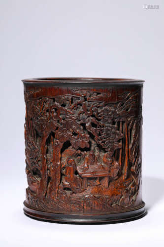 A Bamboo Carving of Scholars Under Pines Brush Pot