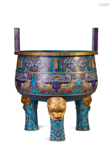 A Cloisonne Enamel Taotie Mask Tripot Censer