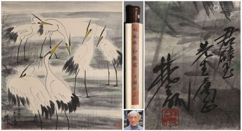 A CHINESE CRANE PAINTING,  INK AND COLOR ON PAPER,  HANGING ...
