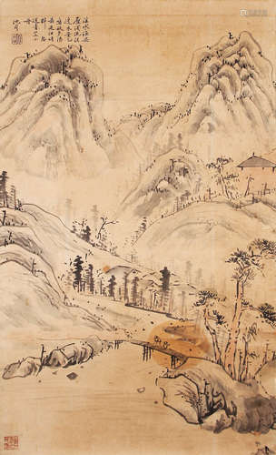 A CHINESE LANDSCAPE PAINTING,  INK AND COLOR ON PAPER,  HANG...