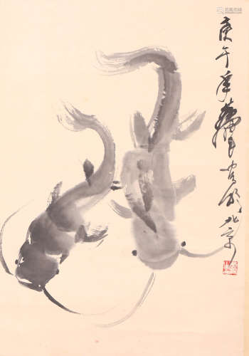 A CHINESE FISH PAINTING,  INK ON PAPER,  HANGING SCROLL