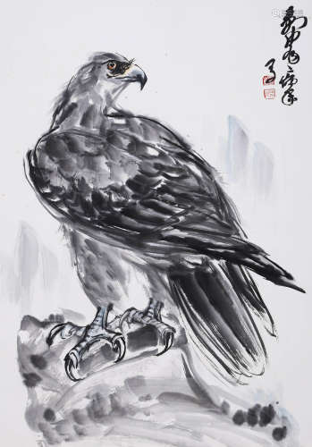 A CHINESE EAGLE PAINTING ON PAPER,  MOUNTED
