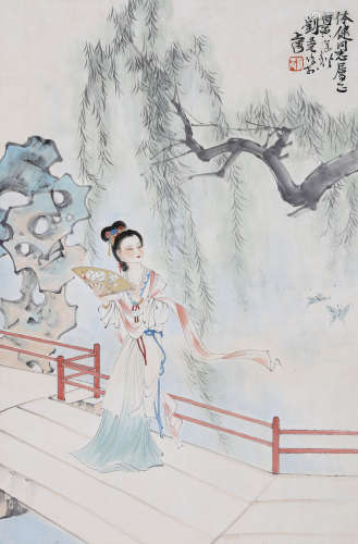 A CHINESE LADY PAINTING ON PAPER,  HANGING SCROLL
