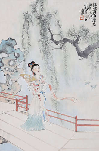 A CHINESE LADY PAINTING ON PAPER,  HANGING SCROLL