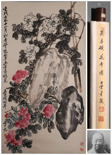 A CHINESE FLOWER PAINTING,  INK AND COLOR ON PAPER,  HANGING...