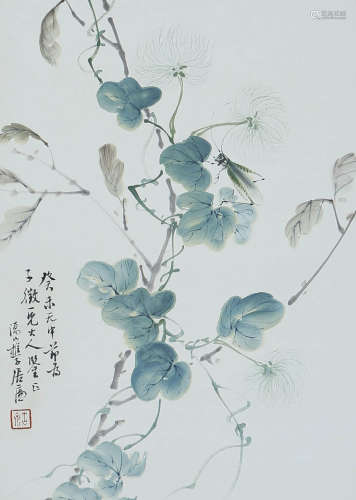 A CHINESE FLOWER AND INSECT PAINTING,  INK AND COLOR ON PAPE...
