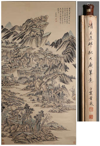 A CHINESE LANDSCAPE PAINTING,  INK AND COLOR ON PAPER,  HANG...