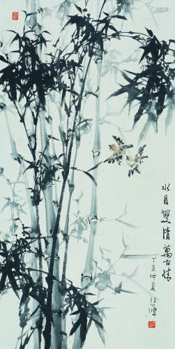 A CHINESE BAMBOO AND SPARROW PAINTING,  INK AND COLOR ON PAP...