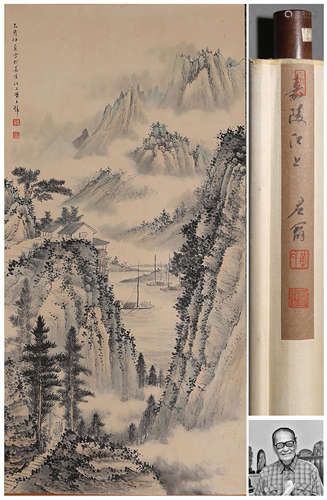 A CHINESE LANDSCAPE PAINTING,  INK AND COLOR ON PAPER,  HANG...