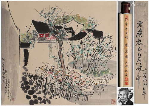 A CHINESE LANDSCAPE PAINTING,  INK AND COLOR ON PAPER,  HANG...