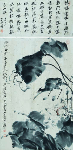 A CHINESE LOTUS POND AND BIRD PAINTING,  INK ON PAPER,  HANG...