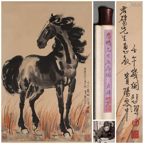 A CHINESE HORSE PAINTING,  INK AND COLOR ON PAPER,  HANGING ...