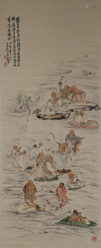 A CHINESE FIGURE PAINTING,  INK AND COLOR ON PAPER,  HANGING...