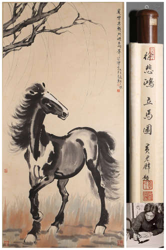 A CHINESE HORSE PAINTING,  INK AND COLOR ON PAPER,  HANGING ...