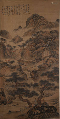 A CHINESE LANDSCAPE PAINTING,  INK AND COLOR ON PAPER,  HANG...