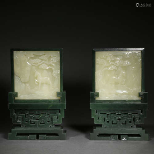 A PAIR OF CARVED JADE RECTANGULAR TABLE SCREENS