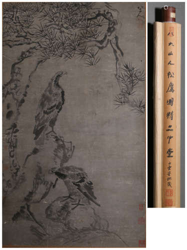 A CHINESE EAGLE PAINTING,  INK ON PAPER,  HANGING SCROLL,  B...