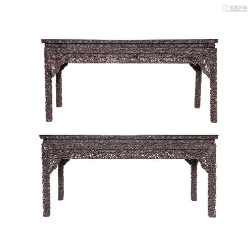 A PAIR OF HONGMU OR ZITAN TABLES, WITH QING QIANLONG MARK