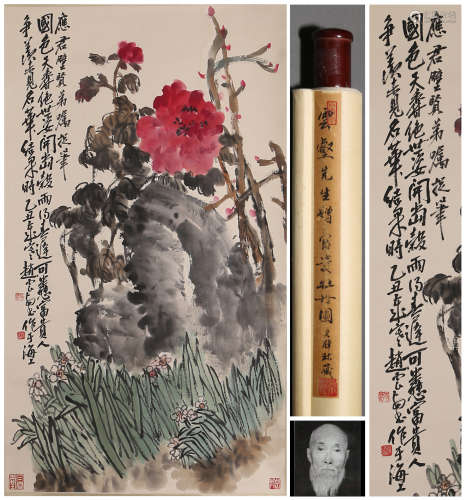 A CHINESE PEONY PAINTING,  INK AND COLOR ON PAPER,  HANGING ...