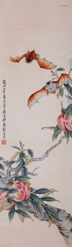 A CHINESE BAT AND PEACH PAINTING ON PAPER,  HANGING SCROLL