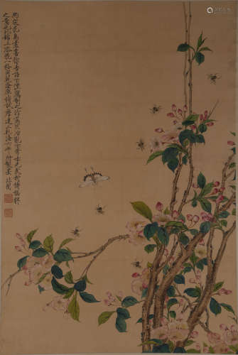 A CHINESE FLOWER AND BIRD PAINTING,  INK AND COLOR,  HANGING...