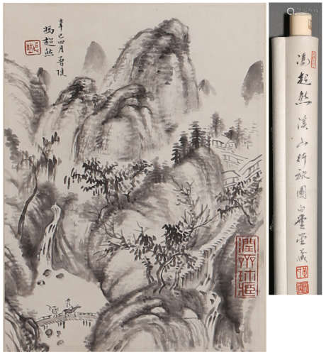 A CHINESE LANDSCAPE PAINTING,  INK ON PAPER,  HANGING SCROLL...