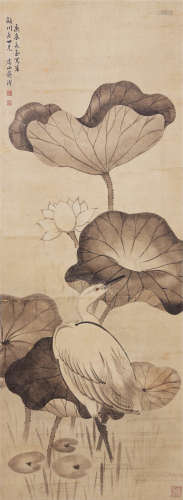 A CHINESE LOTUS POND AND BIRD PAINTING,  INK AND COLOR ON PA...