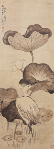 A CHINESE LOTUS POND AND BIRD PAINTING,  INK AND COLOR ON PA...