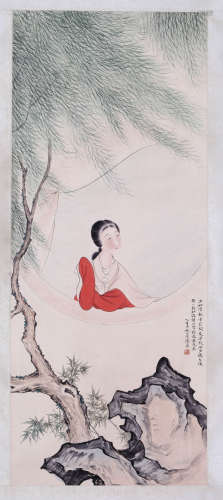 A CHINESE LADY PAINTING ON PAPER,  HANGING SCROLL