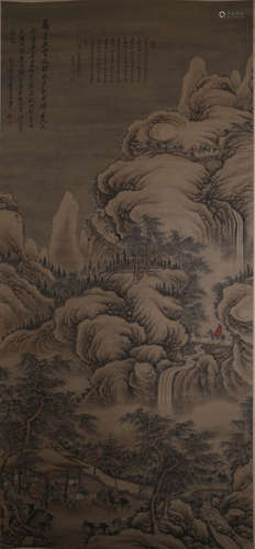 A CHINESE LANDSCAPE PAINTING,  INK AND COLOR ON PAPER,  HANG...