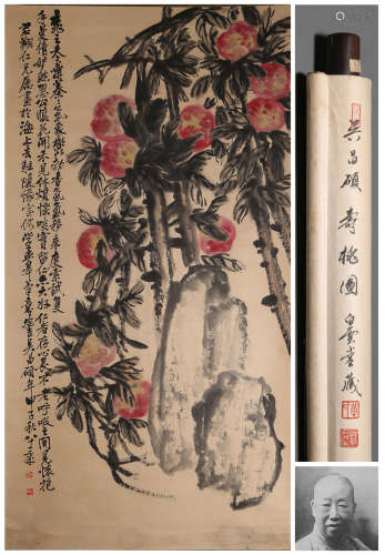 A CHINESE PEACH PAINTING,  INK AND COLOR ON PAPER,  HANGING ...