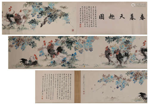 A CHINESE FOWL PAINTING,  INK AND COLOR ON PAPER,  HANDSCROL...