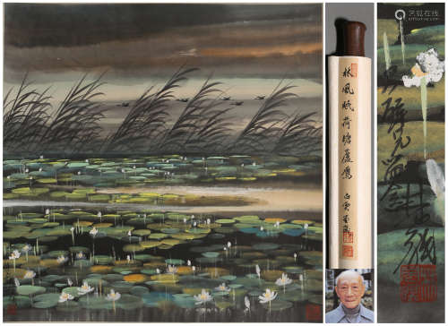 A CHINESE LOTUS POND AND REED GOOSE PAINTING,  INK AND COLOR...